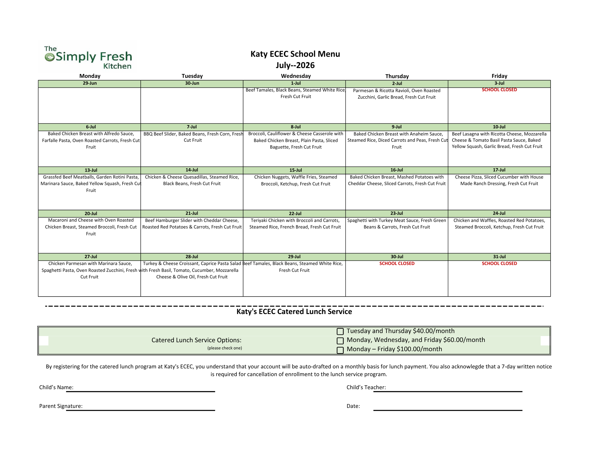 July Menu 2026